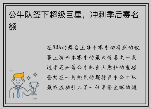 公牛队签下超级巨星，冲刺季后赛名额