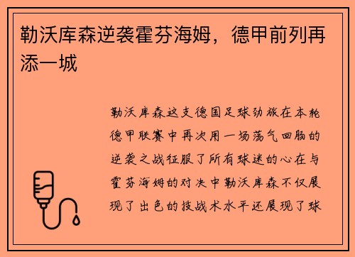 勒沃库森逆袭霍芬海姆，德甲前列再添一城